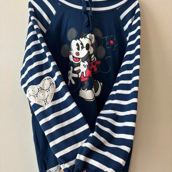 Disney Hoodie Navy Blue Stripe Embroidered Hem Minnie Mickey love - XXLarge - Picture 2 of 8